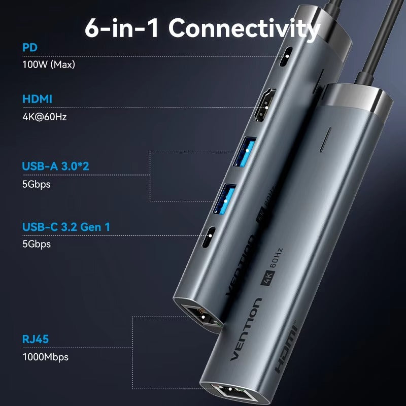 Vention USB C HUB Type C to HDMI 4K60Hz RJ45 PD 100W Adapter For Macbook iPad Pro Air M2 M1 Sumsang PC Accessories USB 3.0 HUB