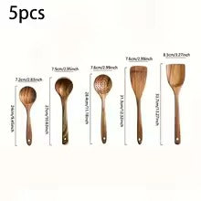 5pcs Wooden Utensil Set with Hanging Holes, Food Grade Spoons and Spatula 24-33.7cm, Non-Toxic Smooth Kitchen Tools for Cooking