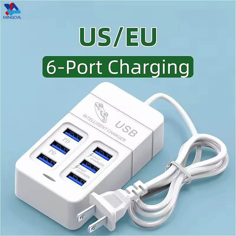 MINGCVIL 6Ports Multiport USB docking station 35W PD Type-C Mobile Phone Fast Chargin Quick TypeC Hub Adapter EU US Plug