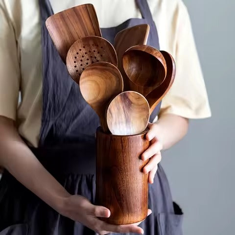 5pcs Wooden Utensil Set with Hanging Holes, Food Grade Spoons and Spatula 24-33.7cm, Non-Toxic Smooth Kitchen Tools for Cooking