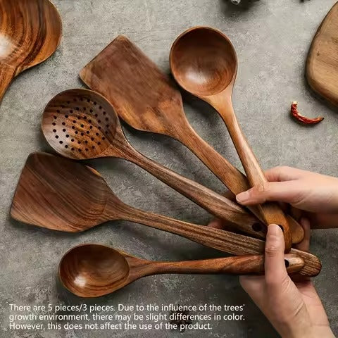5pcs Wooden Utensil Set with Hanging Holes, Food Grade Spoons and Spatula 24-33.7cm, Non-Toxic Smooth Kitchen Tools for Cooking