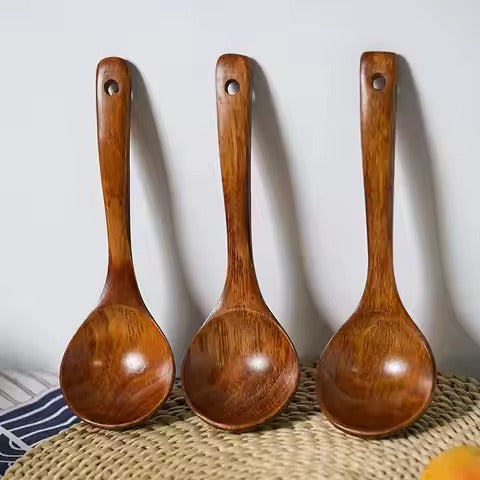 5pcs Wooden Utensil Set with Hanging Holes, Food Grade Spoons and Spatula 24-33.7cm, Non-Toxic Smooth Kitchen Tools for Cooking